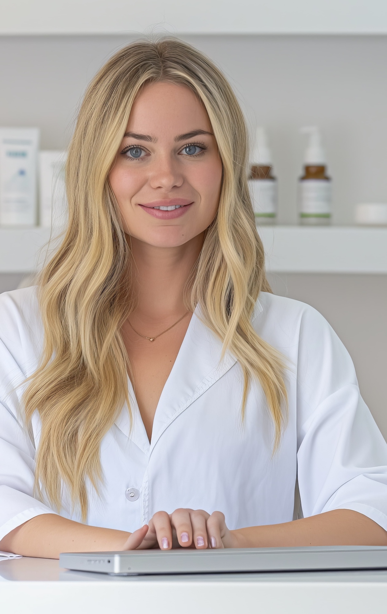 Woman from a MedSpa with blonde hair next to her laptop
